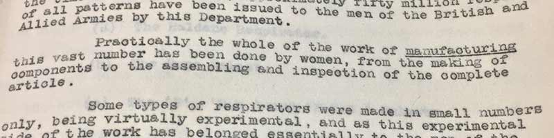 Image of typed document reading 'Practically the whole of the work of manufacturing...has been done by women'