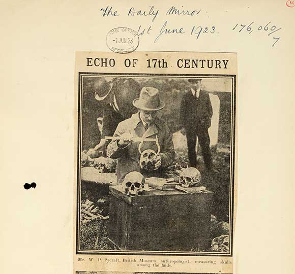 Image of Newspaper cutting from the Daily Express, 1 June 1923, documenting the search for the remains of Pocahontas 