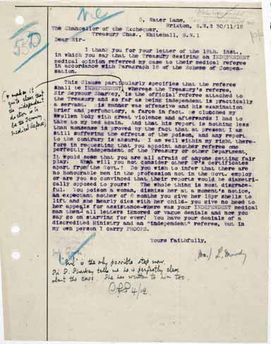 Letter from munitions worker Lily Moody addressed to the Chancellor of the Exchequer, examined by students at Lampton School (cat ref: T1 12200/36707)
