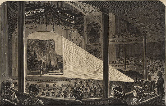 Image of 19th century illustration of an image being projected onto a stage