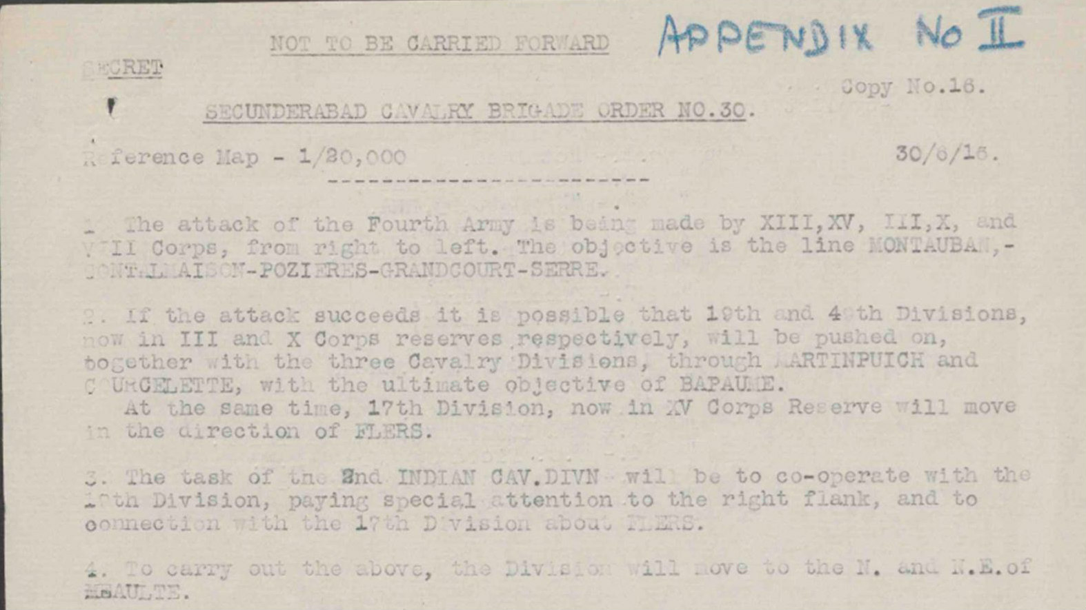 Orders for the Secunderabad Cavalry Brigade, 30 June 1916 WO 95-1187-1