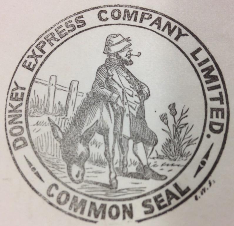 Image of the Donkey Express Company's seal, featuring a man leaning on a grazing donkey
