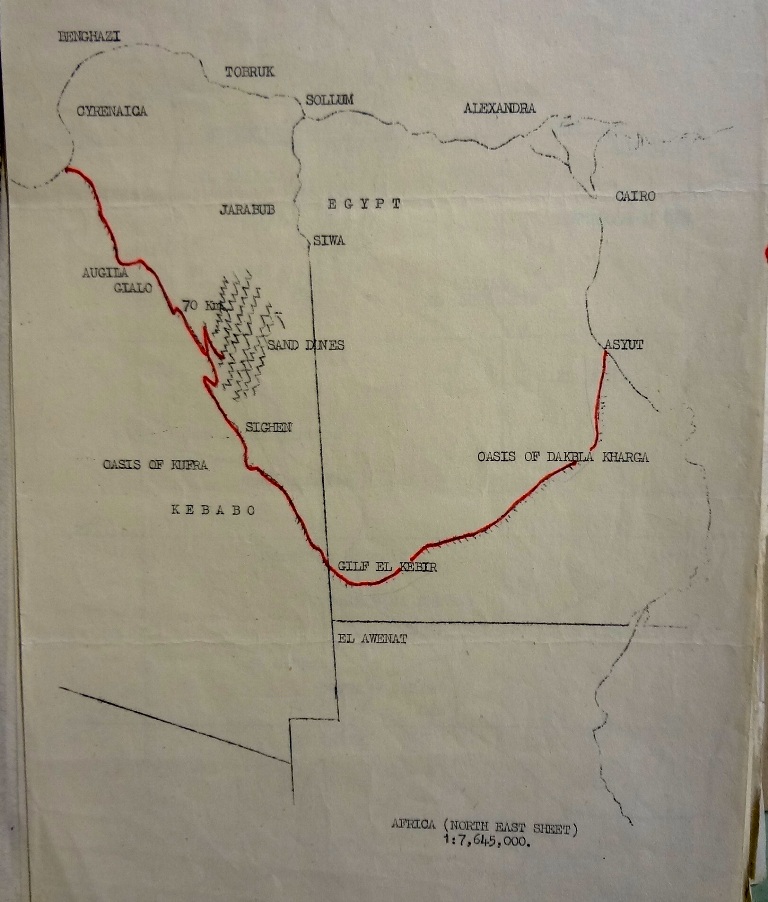 Image of a map with a route from Gialo to Asyut marked with a red line 