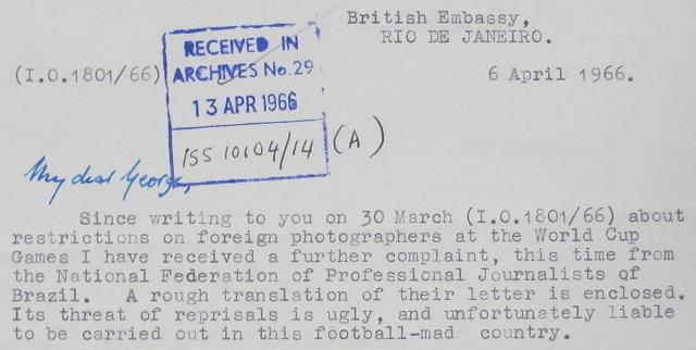Image of typed letter from Sir Leslie Fry, British Ambassador to Brasil