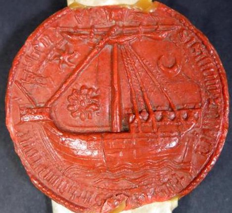 Image of a red mayoral seal featuring a one-masted cog