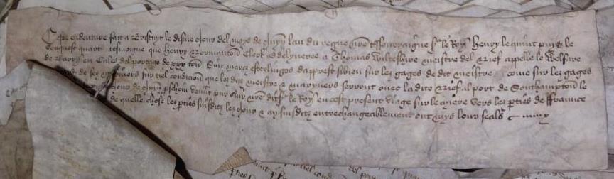 Image of an indenture contract between the king and Thomas Wilshire