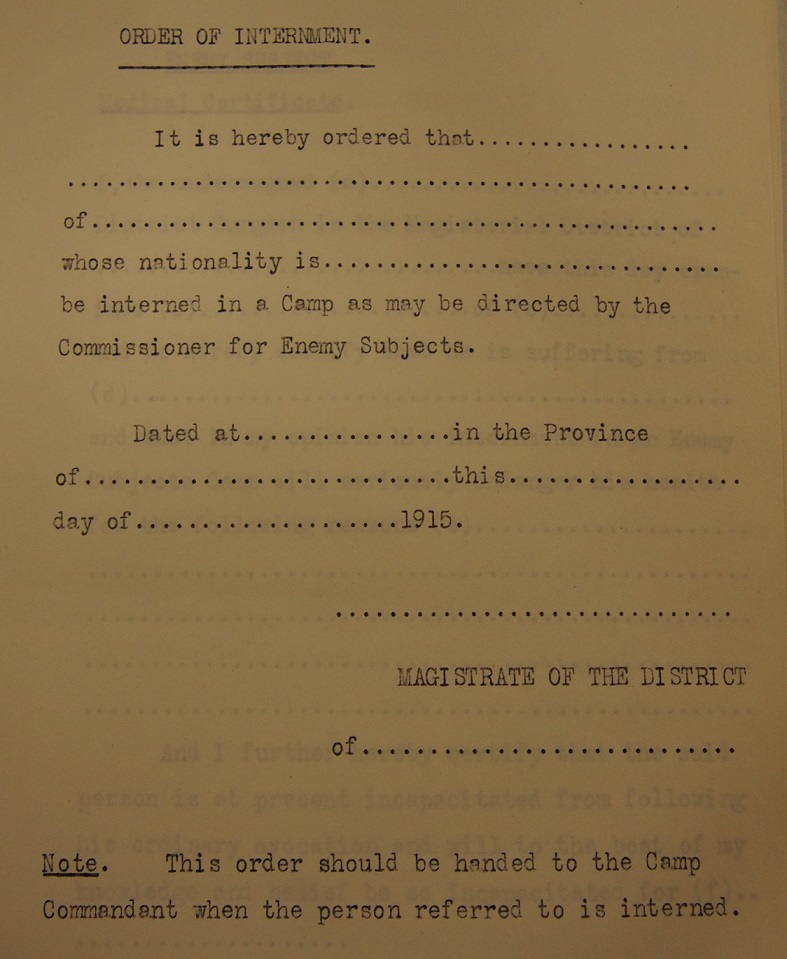 Image of a blank ‘Order of Internment’ document, 1915