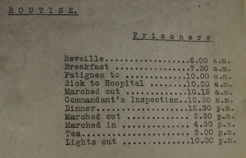 Image of report detailing the daily routine for prisoners interned at Alexandra Palace, 1915