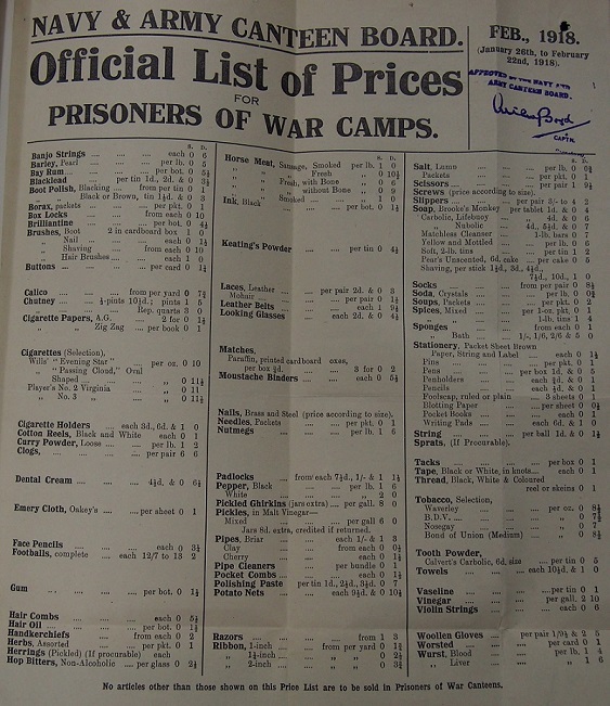 Image of an official list of prices for Prisoners of War camps by the Navy and Army Canteen Board, 1918 