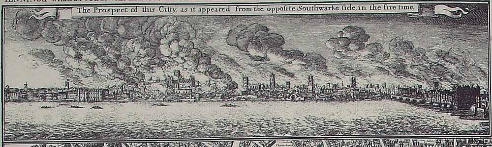 Image of a section of Hollar's illustrated survey of London showing the City in flames