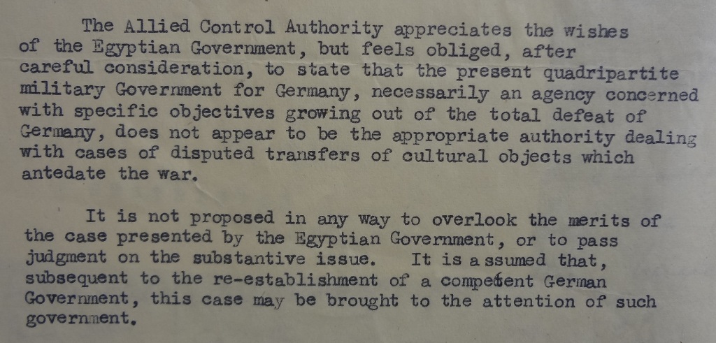 The Allied Control Authority’s reply to the Egyptian Government, 14 December 1946 (catalogue reference: FO 371/63051)