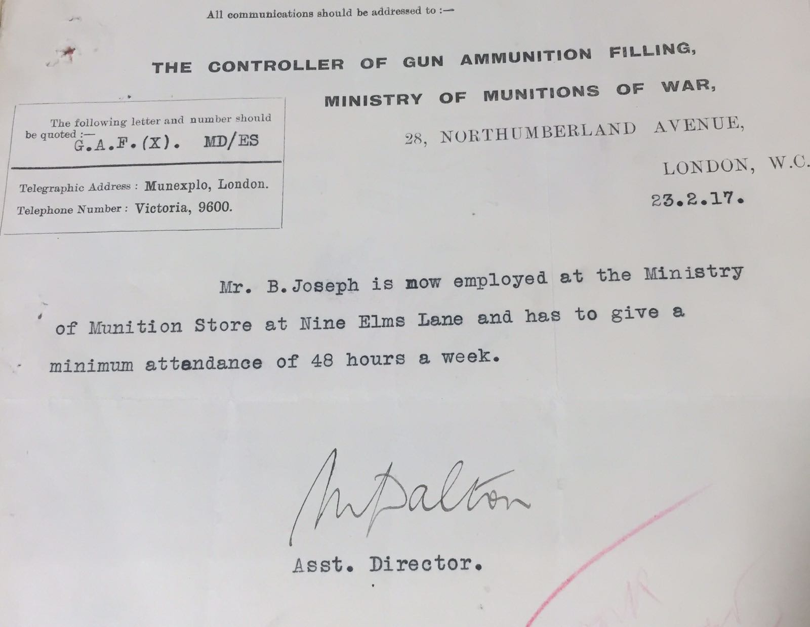 Image of confirmation of Benjamin Joseph's employment at the Ministry of Munition Store [MH 47/55/7]