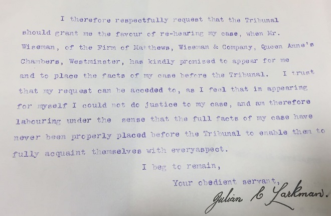 Image of letter from Julian Larkman asking for his case to be reheard by the Tribunal 