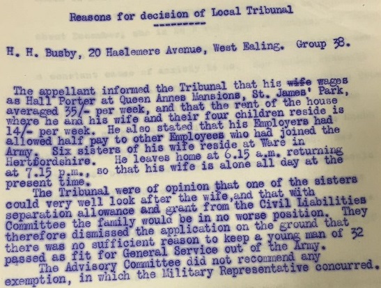Image of typed page listing the Tribunal's solutions for Henry Busby's situation 