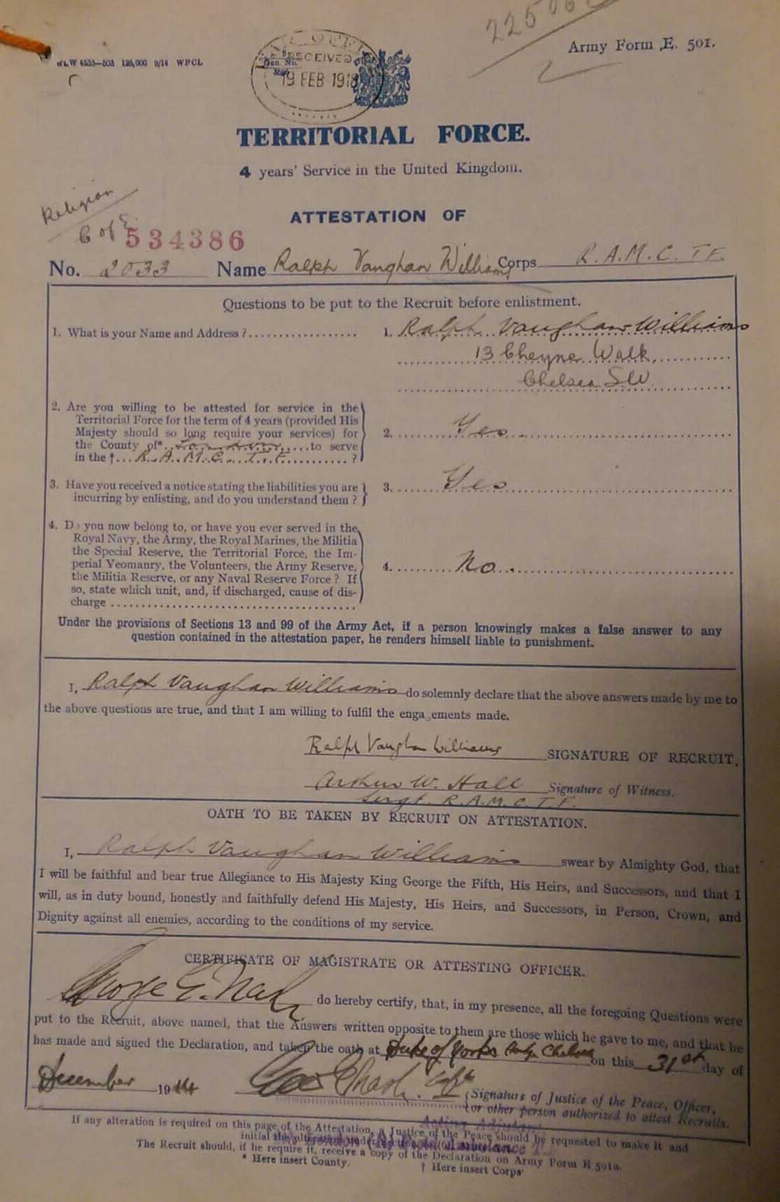 Ralph Vaughan-Williams’ original attestation as a Territorial soldier in the Royal Army Medical Corps