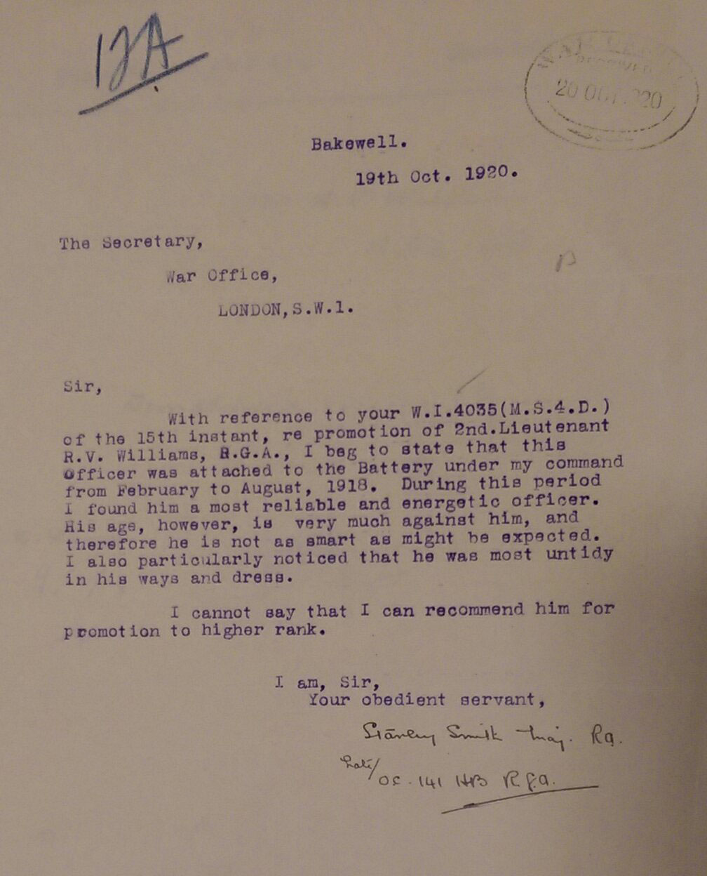 Reasons Ralph Vaughan-Williams was denied promotion in October 1920