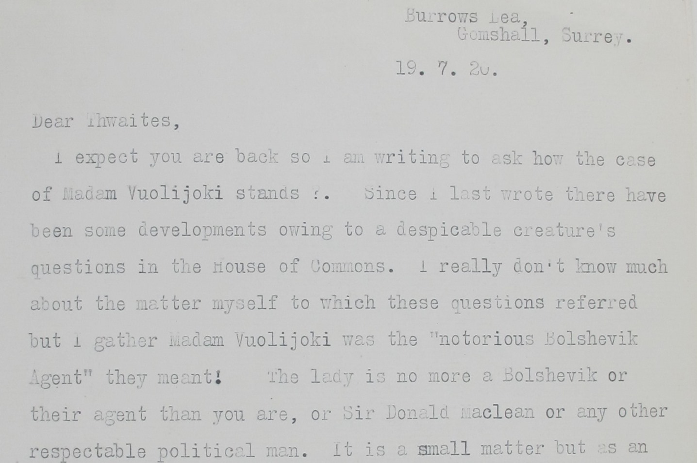 Image of a typed letter from Gough to William Thwaites