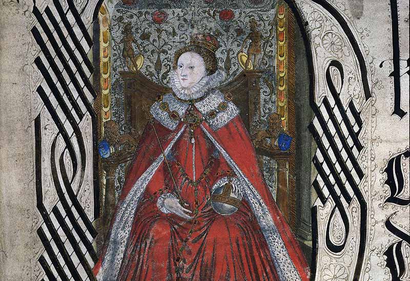 Image of an illustration on Elizabeth I dressed in a red dress and cape, and sat on a throne