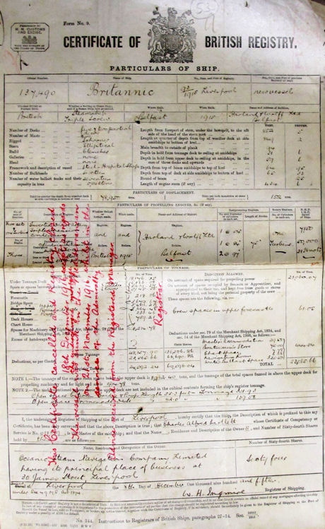 Image of Britannic's Certificate of British Registry within the closed registry series