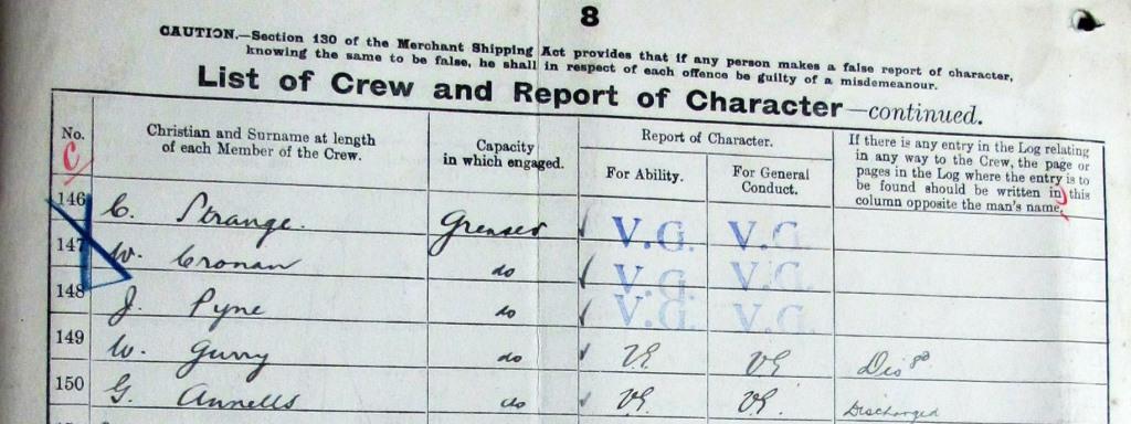 Image of a section of the ship's log for Britannic that shows the name W Cronan