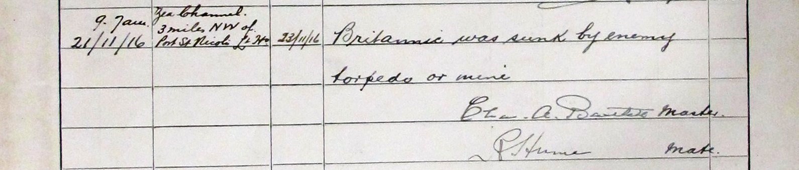 Image of the last entry in official log book of Britannic