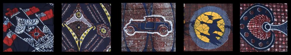 Details showing some of the motifs used in the textile designs, including a motor car and flying birds.