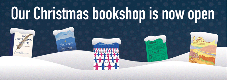 Image of an illustration of five snow-covered books, with the heading: 'Our Christmas bookshop is now open'