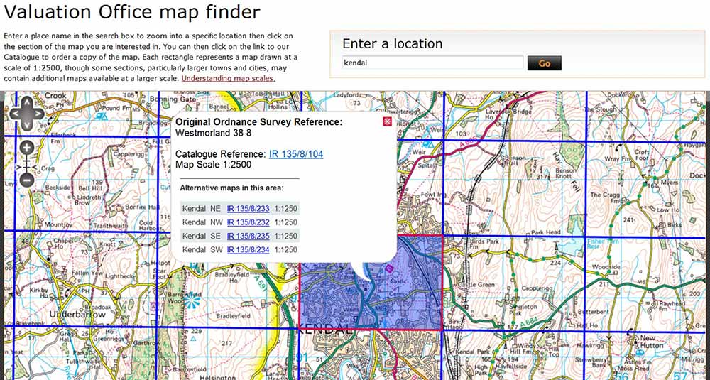 Screenshot of the Valuation Office map finder in action, showing results for a search on Kendal