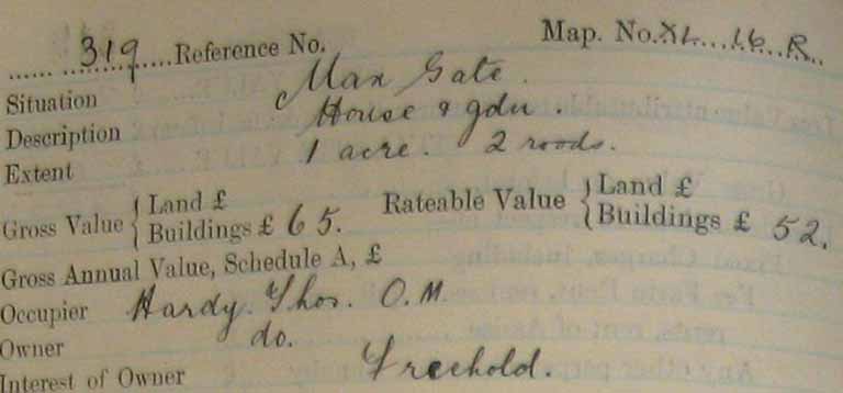 Image showing page one of the Field Book entry for Max Gate, giving the value of the land and buildings