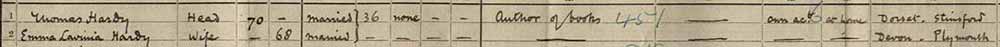 Image of 1911 census entry showing the names of Thomas Hardy and his wife Emma Louise Hardy