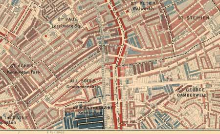 Image of a section of Charles Booth’s poverty map, showing the area of Camberwell