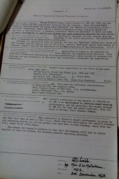 Image showing documentation for Lesney's application for the Queen's Award for Industry