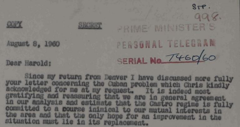 Image of a telegram in which US President Dwight Eisenhower discusses the removal of Castro from power with Harold Macmillan in August 1960