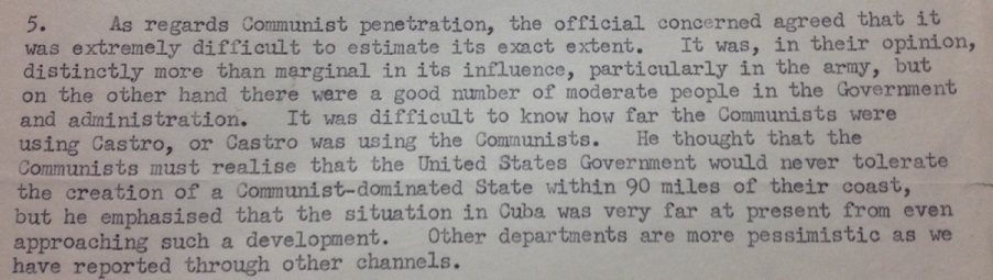 Image of an extract from a report sent by the British Embassy in Washington in October 1959