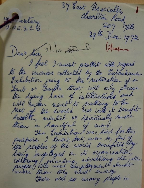 Gretta White’s letter, protesting the decision to give funds from the British Museum's exhibition to the Philae campaign