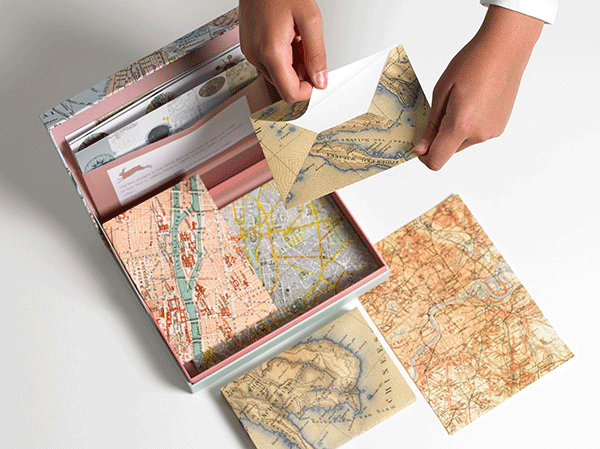 A letter writing set with maps prints on the envelopes and paper
