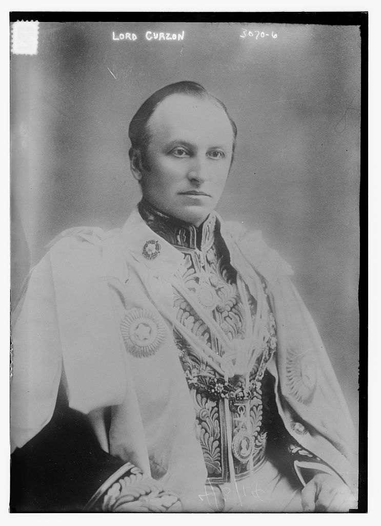 Photograph shows George Nathaniel Curzon, 1st Marquess Curzon of Kedleston (1859-1925), a British Conservative statesman who served as Viceroy of India and Foreign Secretary. Curzon is wearing the robes of Grand Master of the Order of the Star of India.