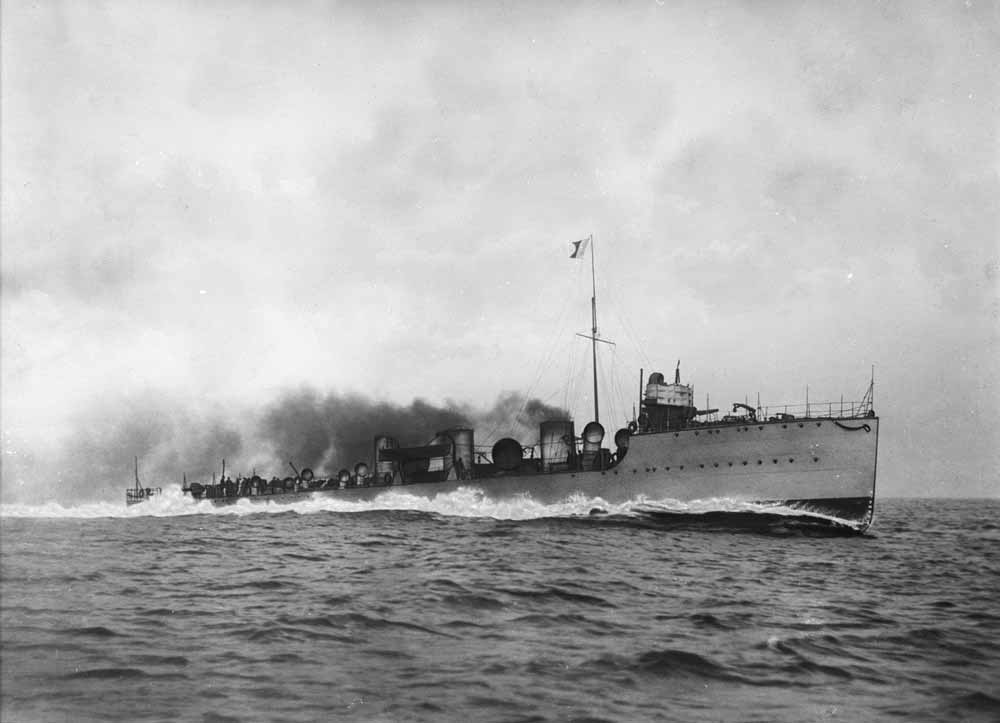 Black and white photograph of HMS Ghurka at sea