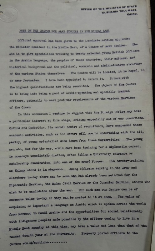 Typed page of Bertram Thomas's Note on the Centre for Arab Studies in the Middle East