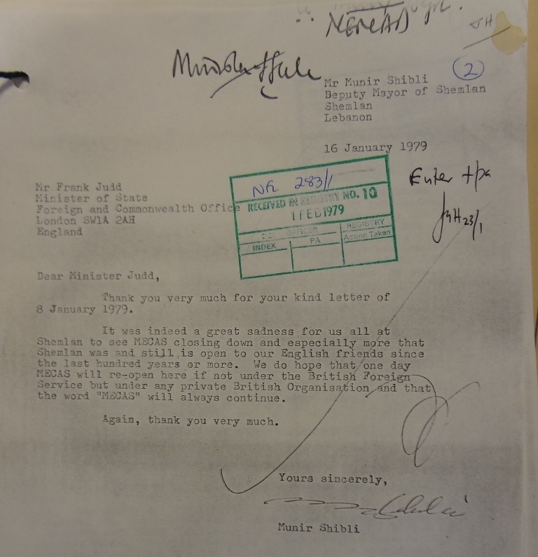 Munir Shibli, Deputy Mayor of Shemlan, to Frank Judd, Minister of State at the FCO, 16/01/1979 (catalogue reference: FCO 93/2019)
