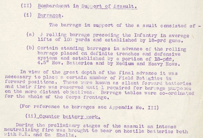 A mimeographed, typewritten extract from a page explaining the strategy behind the artillery barrages supporting the assault: the “rolling” barrage, the “standing” barrage and the need to place a number of field batteries in forward positions, but which were known as silent forward batteries that were silent until it was time for them to be used on the more distant objectives.