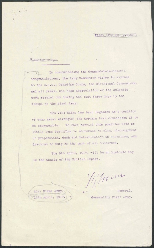 A typed letter from the General, Commanding First Army to the Canadian Corps with a signature at the bottom.
