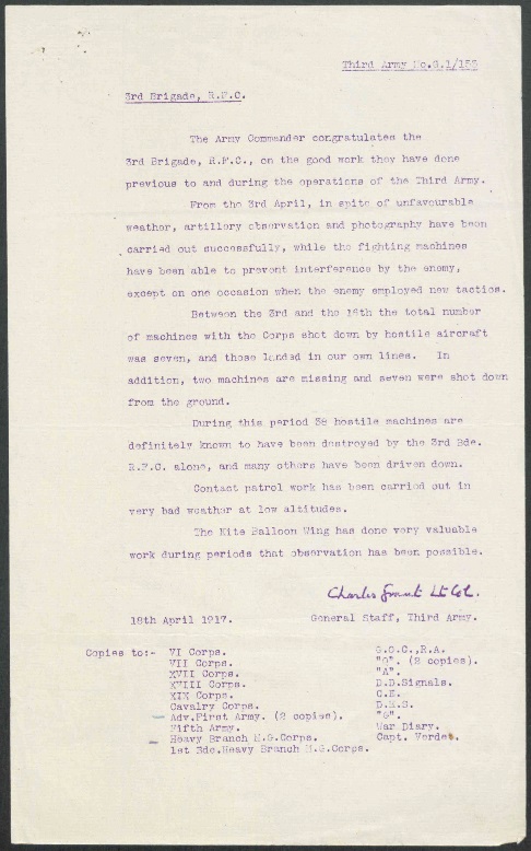 A typed letter from the Lieutenant-General to the RFC with a signature at the bottom.