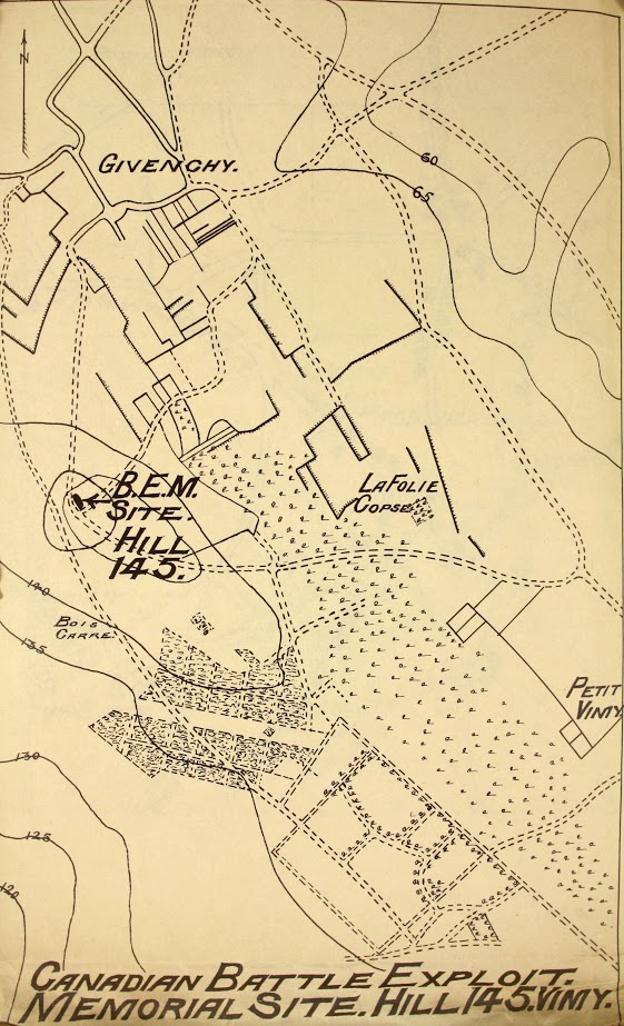 A map titled, “Canadian Battle Exploit, Memorial Site. Hill 145.”