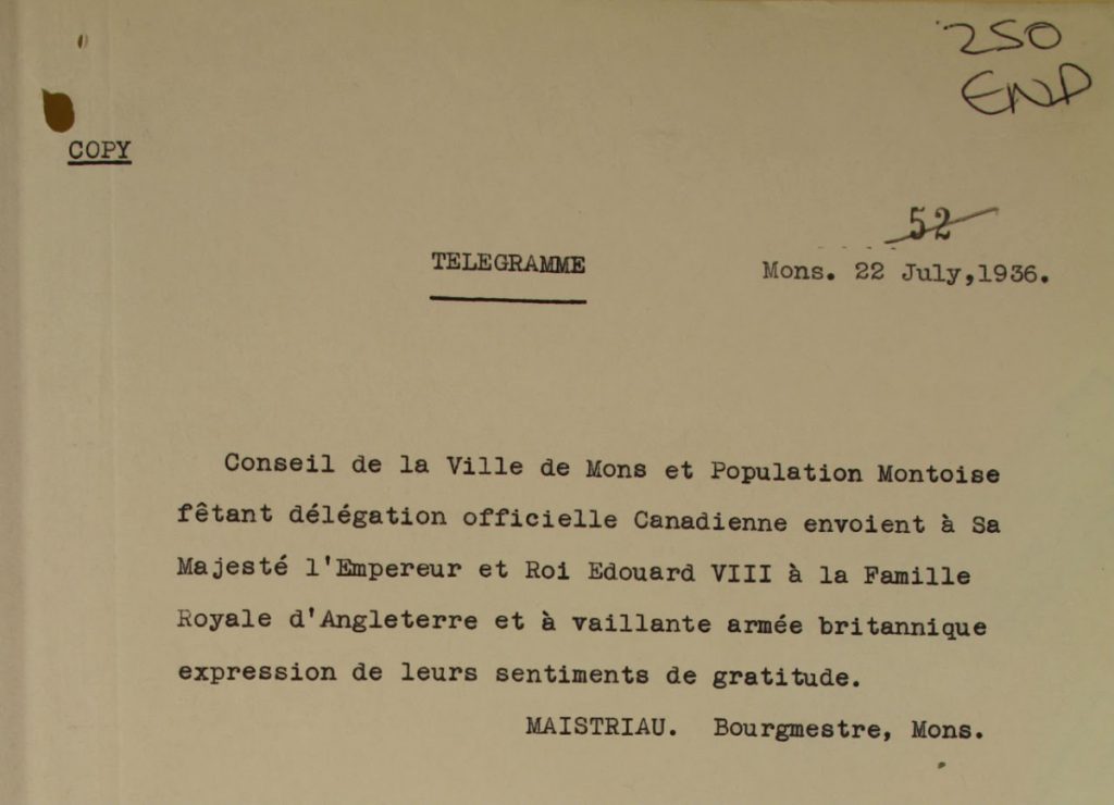 A typewritten telegram outlining the highlights about the Canadian delegation during their tour.