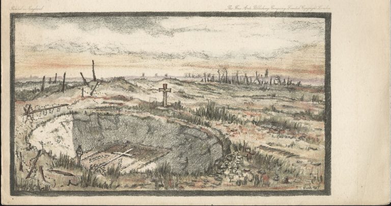 A colour lithograph of a desolate landscape showing a large crater in the middle of which is a cross drawn out with white stones. At the top and the bottom of the crater are two other stone crosses: one Roman and the other Celtic. Barbed wire circles the crater and stumps of bombed trees can be seen in the distance.