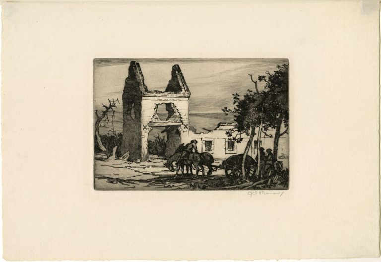 An etching of a group of soldiers around a canon being pulled by a team of horses, with the shell of a destroyed farmhouse in the background.
