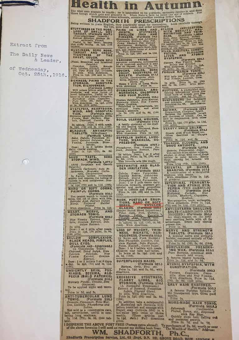 Advertisements taken from Daily News of Wednesday October 25 1916