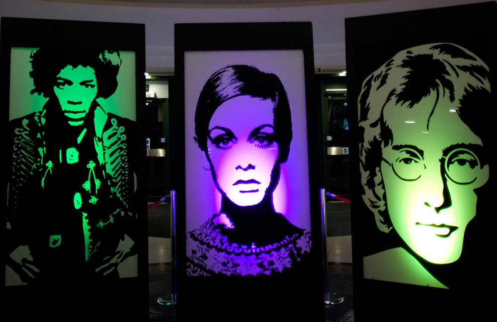 Neon images of Jimi Hendrix, Twiggy and John Lennon 