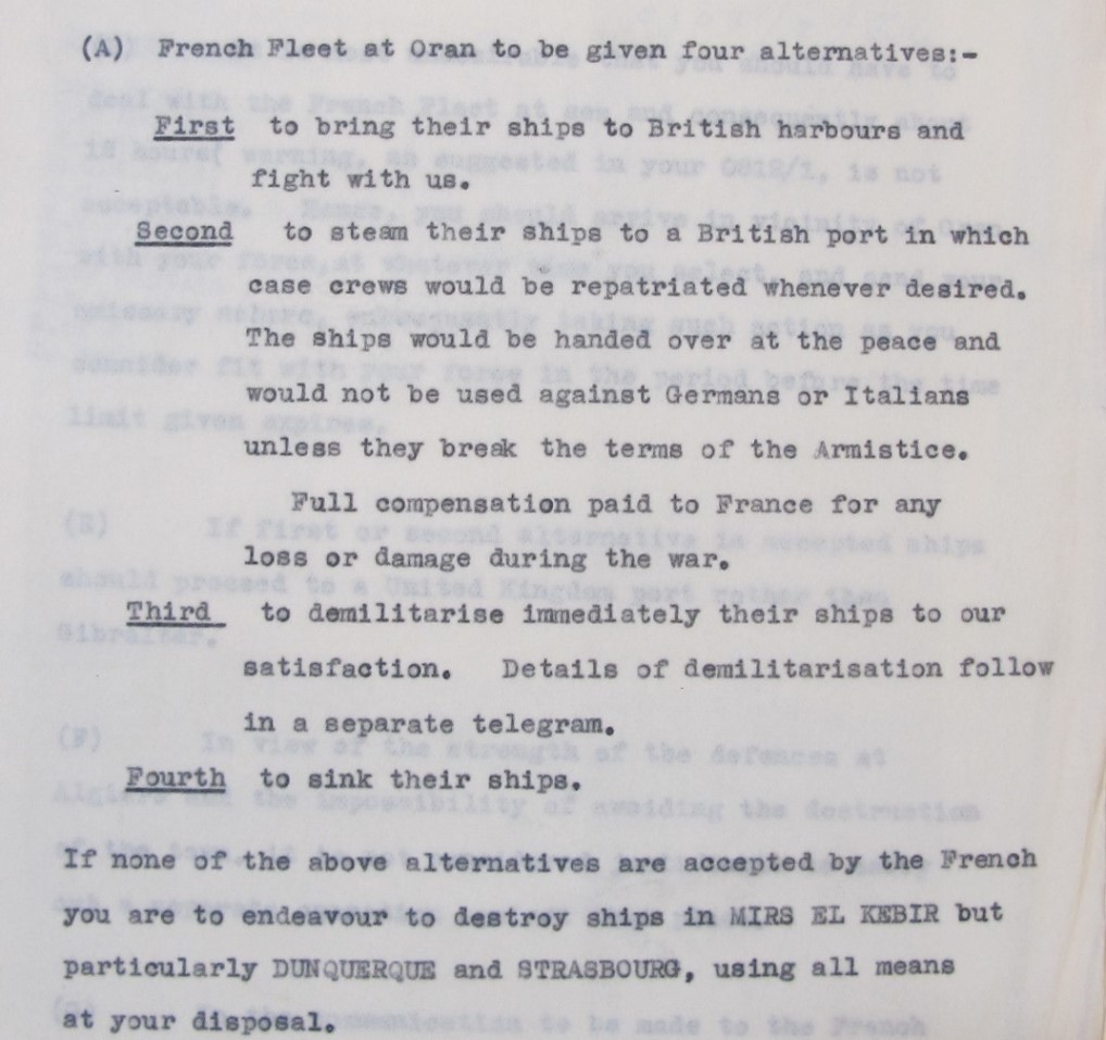 Ultimatum to be given to the French fleet, with four alternatives to submitting to the German forces